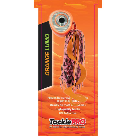 Vibrant orange TacklePro Kabura Lure 80gm with curly tail, two-color skirt, and high-quality hooks for deep-sea fishing.