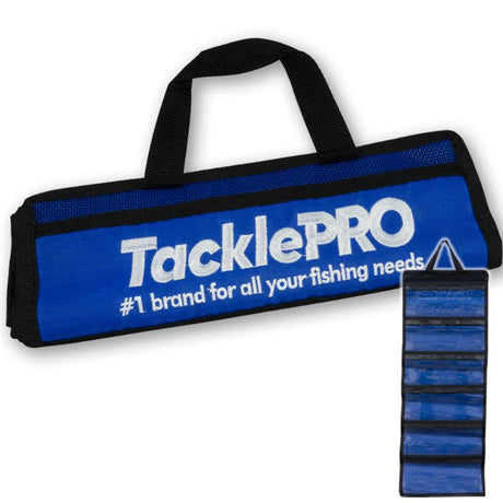 Compact TacklePro Lure Bag with 6 storage pockets, vinyl material, and mesh backing for easy cleaning, measuring 820mm x 300mm.