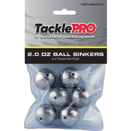 Set of 6 TacklePro 2.0oz ball sinkers designed for stability and precision in fishing, ensuring optimal casting and reduced drag.