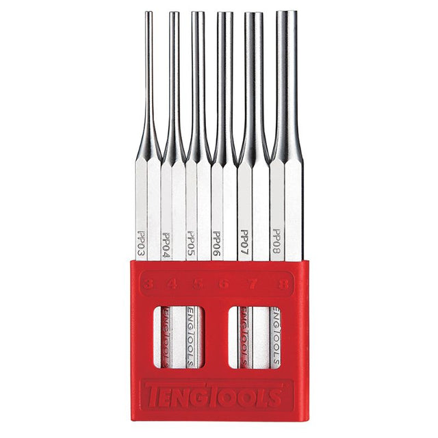 Teng 6pc Pin Punch Set (3-8mm) featuring durable high carbon steel punches for precision metalworking and woodworking tasks.