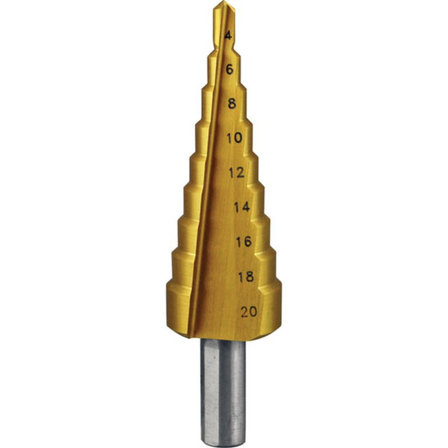 Holemaker Step Drill 4-20mm with titanium nitride coating, designed for precision drilling in metal, wood, and plastic.