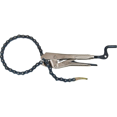 Stronghand Locking Chain Plier with 910mm chain for versatile gripping of odd shapes, adjustable tension, and holds pipes up to 270mm.