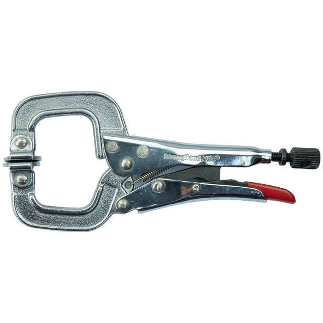 Stronghand Locking C-Clamp with swivel pad, 165mm OAL, heat-treated steel, 56mm opening, and 46mm throat depth, ideal for clamping tasks.