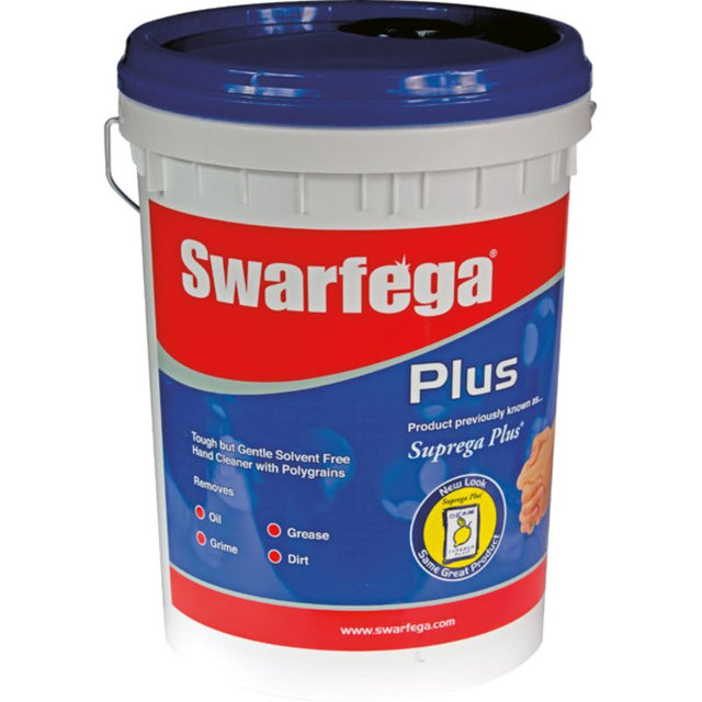 Swarfega Plus 20kg Pail Hand Cleaner: solvent-free, citrus-scented, with cornmeal scrubbers for tough grime removal.