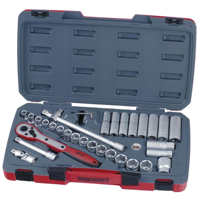 34-piece Teng socket set with 6-point regular and deep sockets, FRP ratchet, extension bars, and organized carrying case.