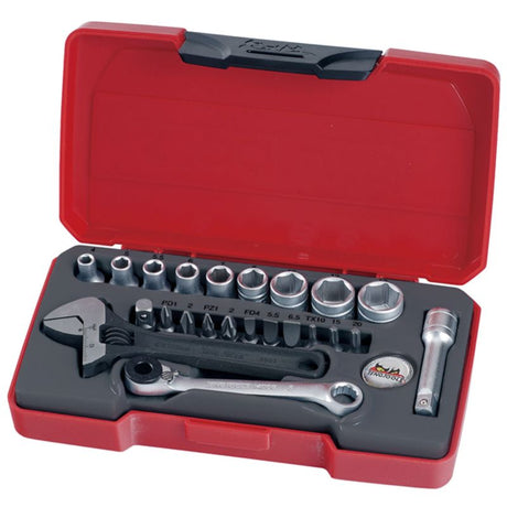 Compact 23-piece metric socket set with 1/4in drive, 6-point sockets, adjustable wrench, and portable case for easy organization.