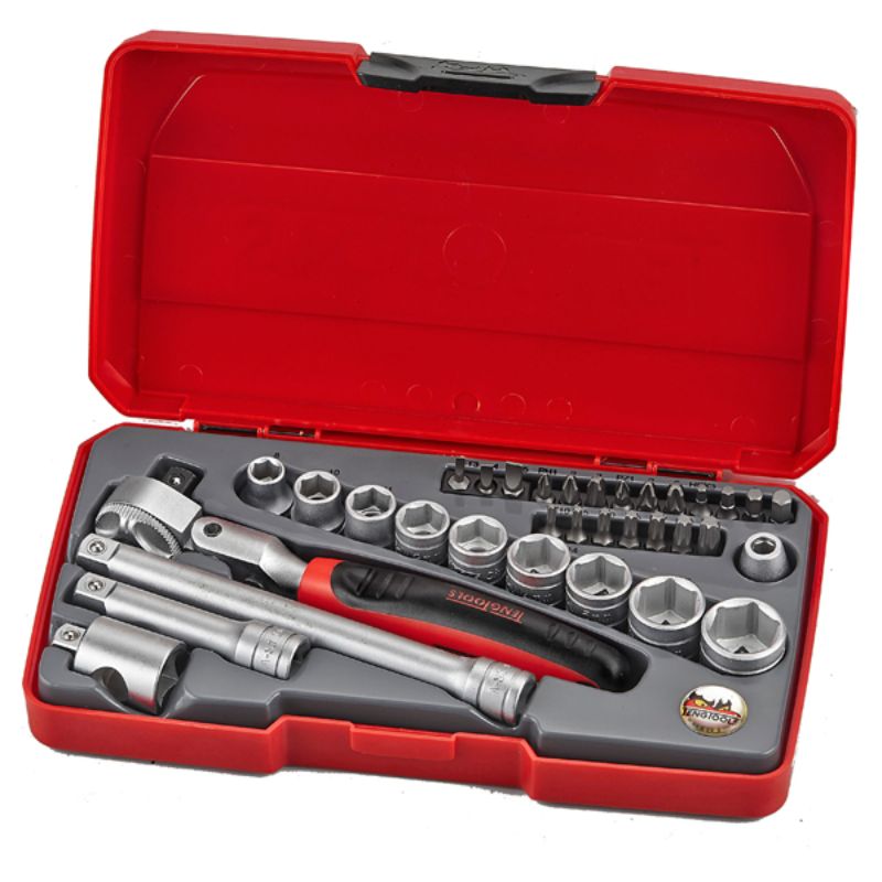 Teng 34pc 3/8in Dr. Metric Reg. Socket Set (Flex Ratchet.)