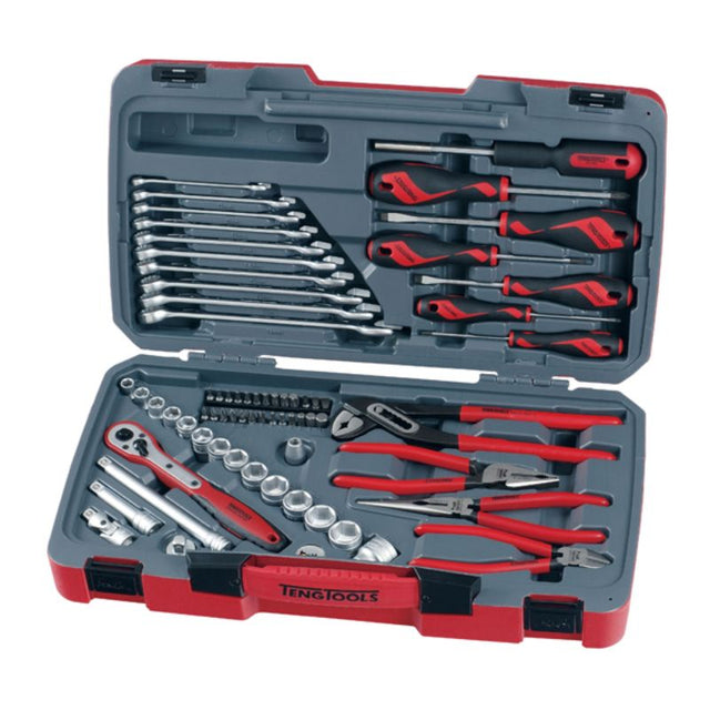 67-piece Teng socket and tool set with durable ratchet, multiple adapters, and extension bars in a sturdy plastic case.