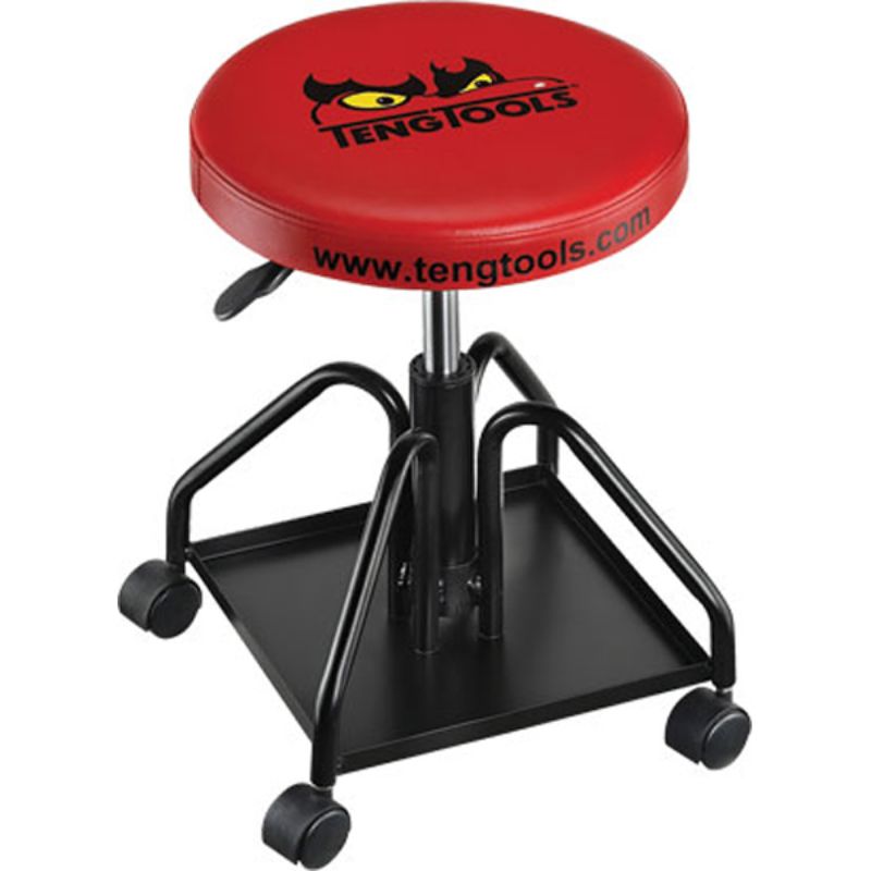 Ergonomic TENG 360mm adjustable mechanics seat with swivel wheels and under-seat storage, height adjustable from 420mm to 500mm.