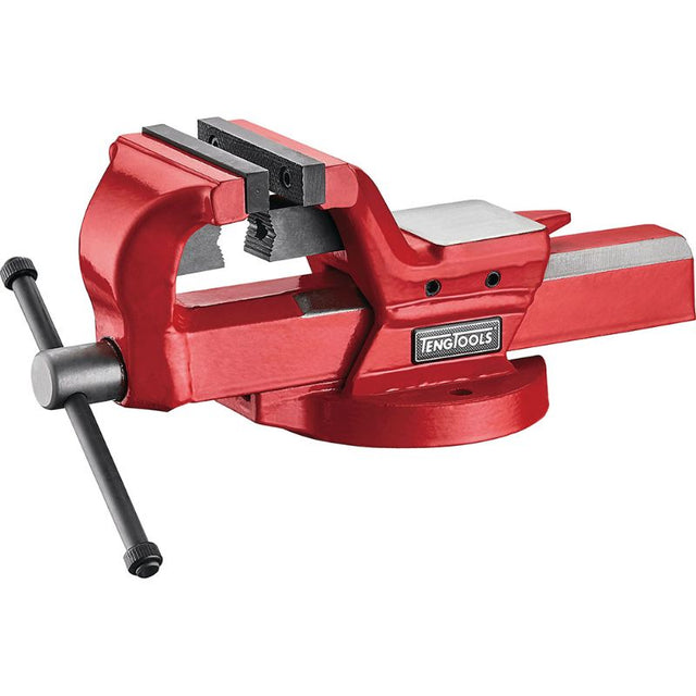 Teng Work Bench Vice with 4in jaws, featuring interchangeable and removable V-shaped jaws, made of durable forged steel.