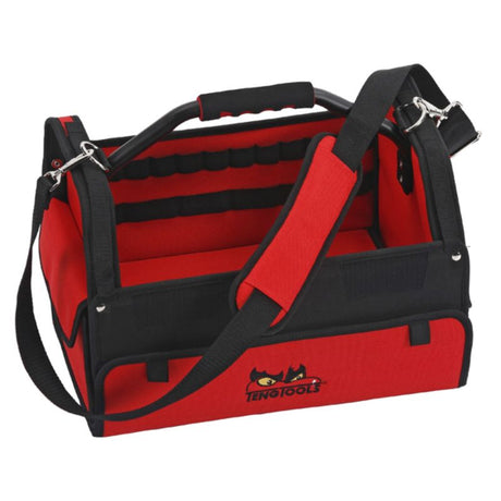 Durable 16in canvas tool bag with metal handle and shoulder strap for easy carrying, featuring Velcro compartments.