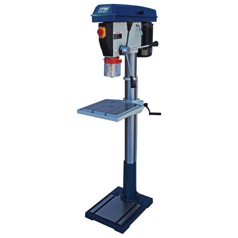 Trademaster Pedestal Floor Drill Press with 25mm capacity, 1500W power, and features like emergency stop and safety guard.