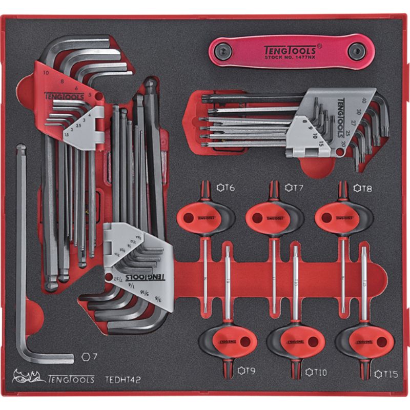 Teng 42pc Ball-End Key Set in a compact tray, featuring chrome vanadium steel keys and TX bits for versatile repair tasks.