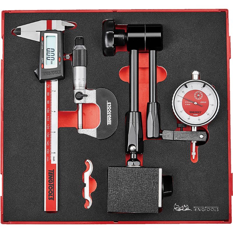 Teng 3 Piece Measuring Tool Set with digital caliper, micrometer, and dial indicator in an organized EVA foam tray.