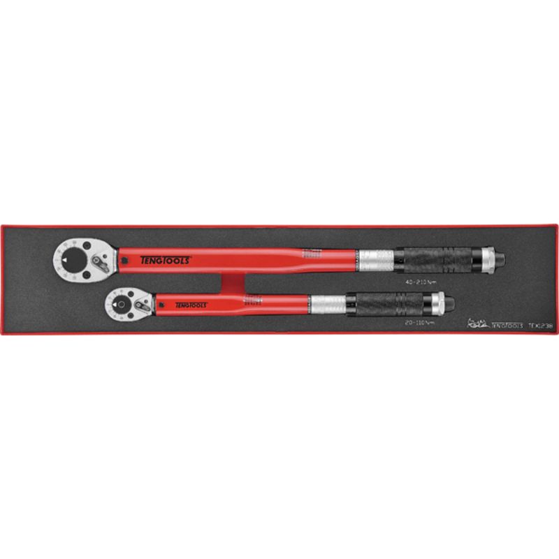 2pc Teng torque wrench set in TEX tray, featuring angular gauge, 3/8" and 1/2" drives, accuracy ±4%, modular design.