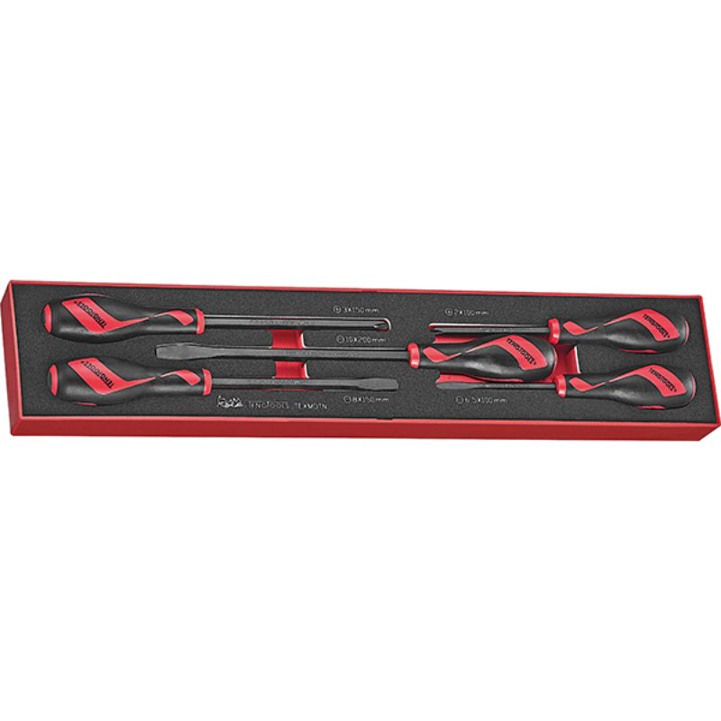 Teng 5pc Power Thru Screwdriver Set with ergonomic handles, hex shafts, and organized EVA tray for versatile tasks.