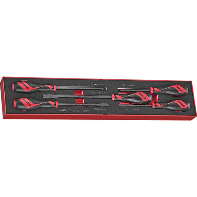 Teng 5pc Power Thru Screwdriver Set with ergonomic handles, hex shafts, and organized EVA tray for versatile tasks.