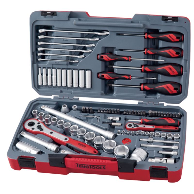 95-piece Teng metric socket and tool set featuring 1/4" and 1/2" drive sockets, ratchets, spanners, and a durable carrying case.