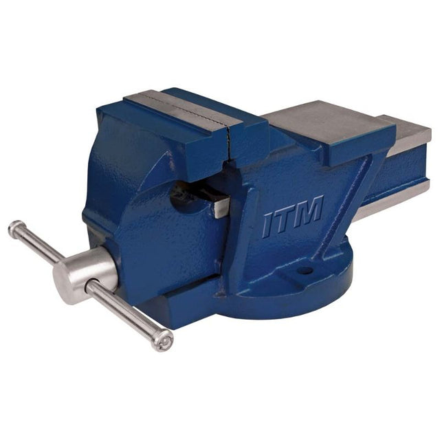 ITM Shop Bench Vice in cast iron, 100mm jaws, hardened steel, durable, ideal for metal and woodworking projects.