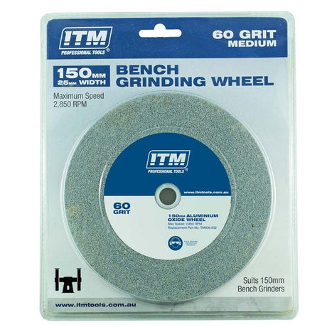 ITM Aluminium Oxide Grinding Wheel, 150mm x 25mm, 60 grit, features multi bore for universal fit, ideal for metal shaping.