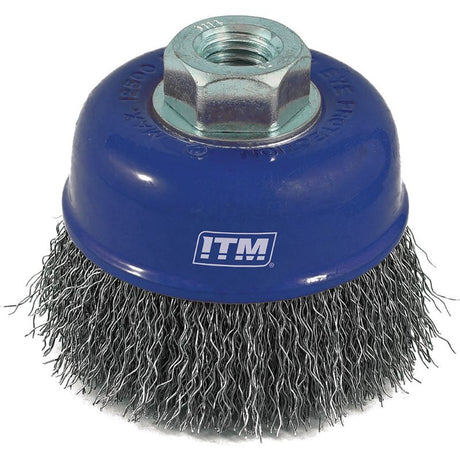 ITM Crimp Wire Cup Brush Steel 65mm for cleaning, polishing, and rust removal; flexible steel wire, 12,500 max RPM, M14 thread.