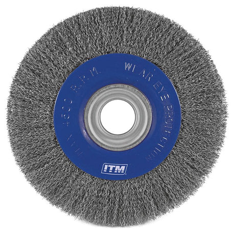 ITM Crimp Wire Wheel Brush Steel 200 x 25mm, durable steel for cleaning and surface prep, fits standard grinders, max RPM 4500.