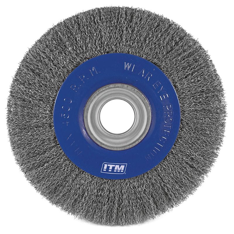 ITM Crimp Wire Wheel Brush made of steel, 200mm diameter, 20mm width, for efficient cleaning and surface preparation.