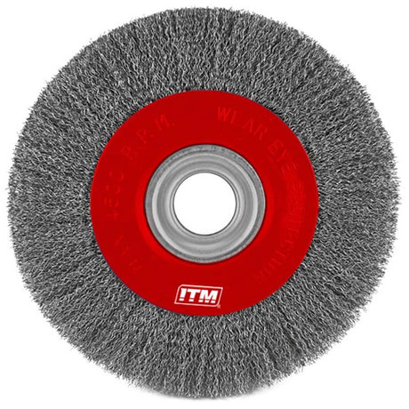 ITM Crimp Wire Wheel Brush, 150mm stainless steel brush for rust removal and surface finishing, compatible with 32mm power tool bore.