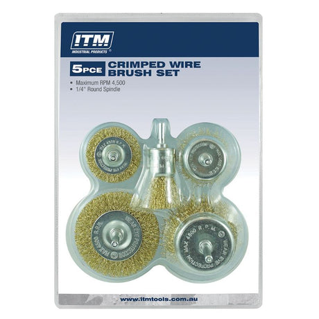 ITM 5 Piece Crimp Wire Brush Kit with 50mm and 75mm cup/wheel brushes for effective rust removal and surface cleaning.