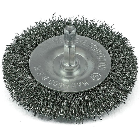 "ITM Crimp Wire Spindle Mounted Wheel Brush 100mm for cleaning and deburring, featuring durable steel wire and 1/4 inch hex shank."