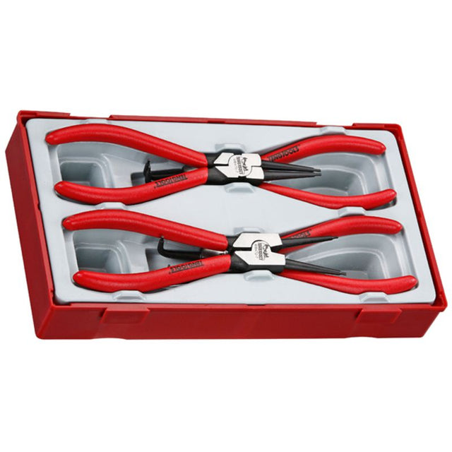 Teng 4pc 7in Snap-Ring Plier Set in TC tray, includes 2 straight and 2 bent pliers for internal/external circlips, lightweight.