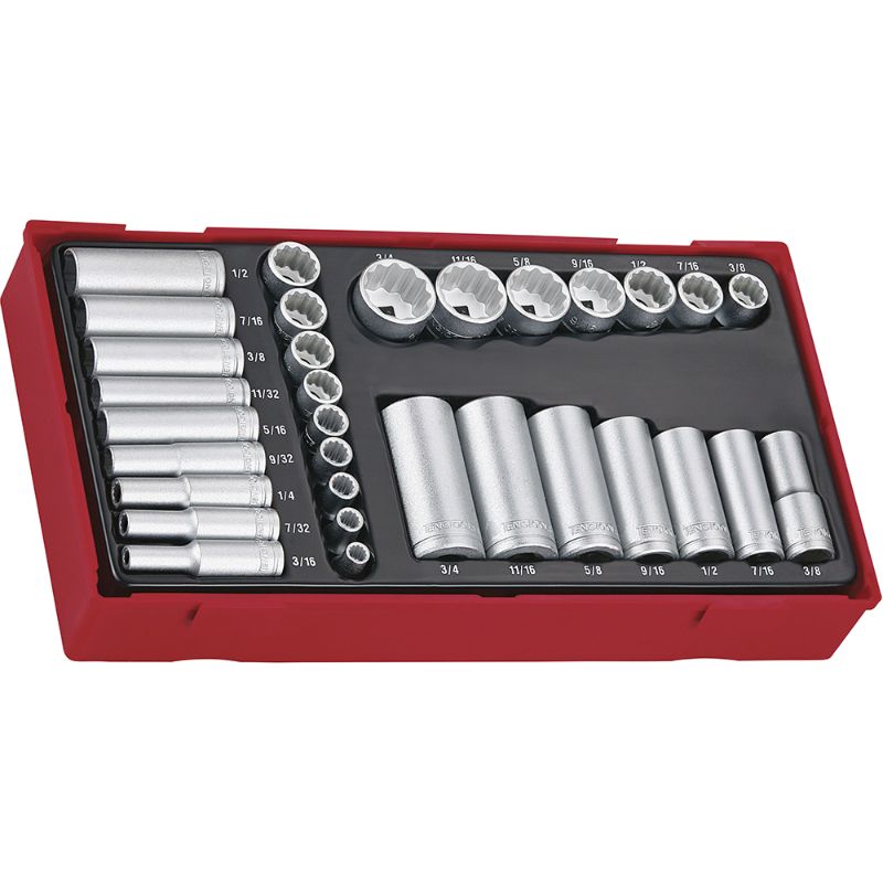 Teng 32pc socket set featuring 1/4 & 3/8in regular and deep sockets for automotive and DIY projects.