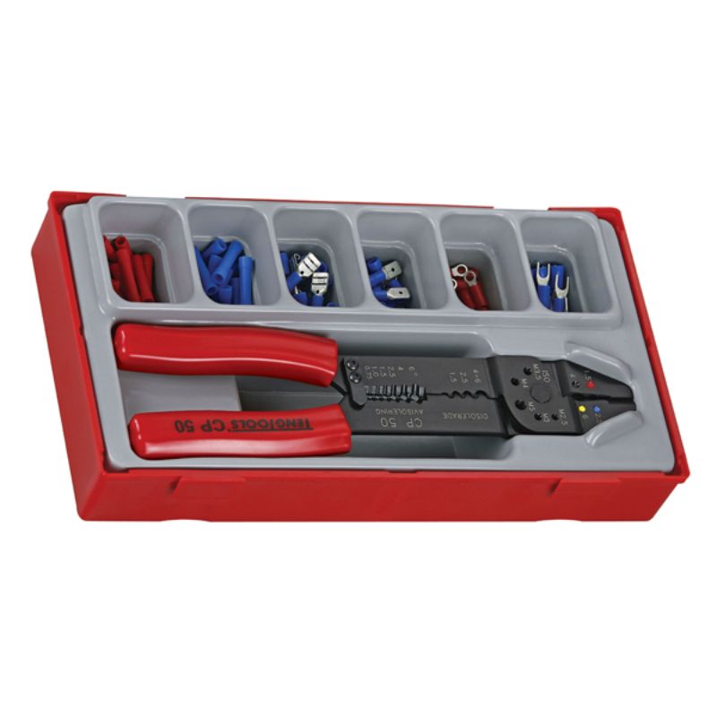 Teng 121pc Crimping Set with CP50 tool, 120 terminals in plastic tray, ideal for DIY and professional crimping tasks.