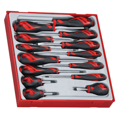 Teng 14pc screwdriver set with ergonomic handles and TT-MV PLUS steel tips, organized in a compact TC-Tray for easy access.