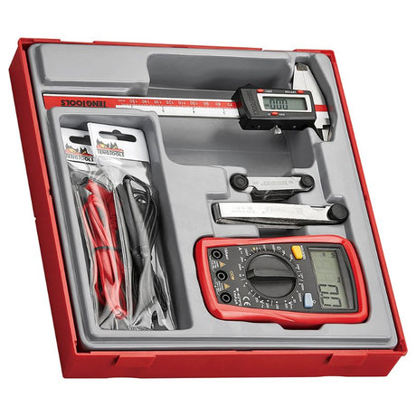 Teng 4pc Measuring Set in TC tray includes digital caliper, multimeter, thread gauge, and feeler gauge for precise measurements.