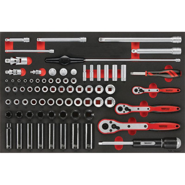 77-piece Teng socket set with metric sizes, organized in a durable EVA foam tray for easy access and storage.