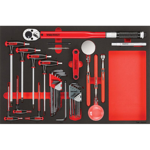 17-piece Teng tool set with torque wrench, hex keys, and inspection tools, organized in durable EVA foam tray for convenience.