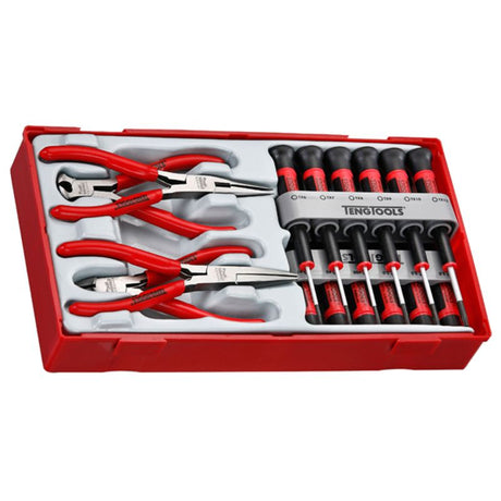 Teng 16pc Mini Plier & Screwdriver Set in TC tray, featuring 12 screwdrivers and 4 pliers for precise tasks. Compact and organized.