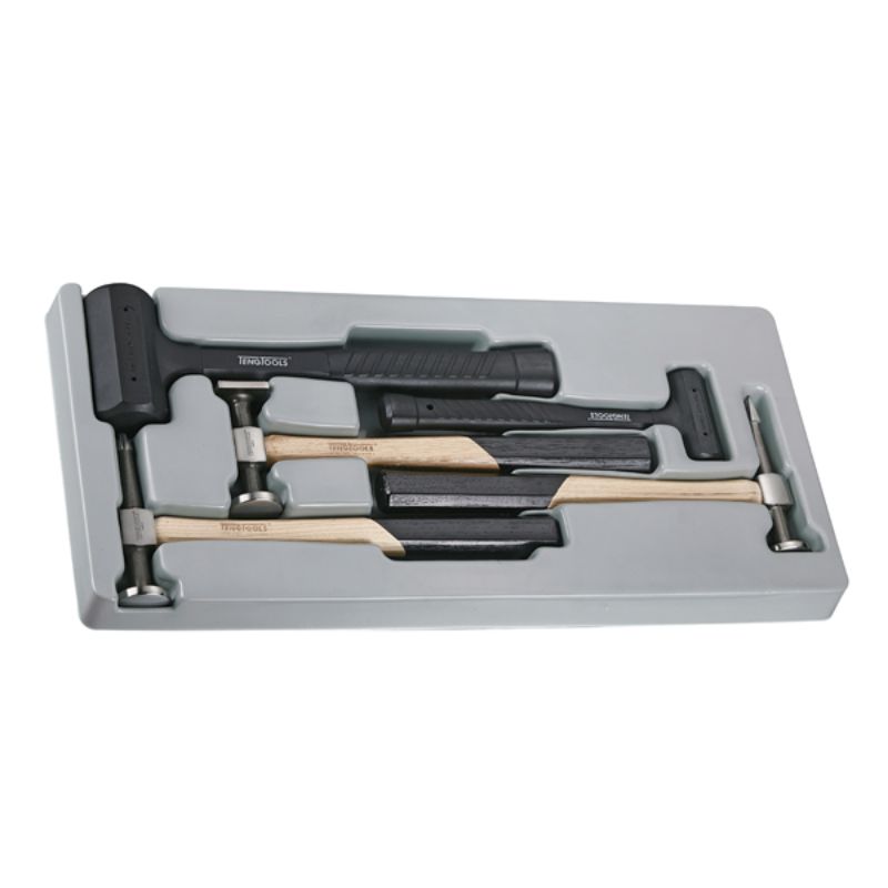 Teng 5pc Auto Body Hammer Set in PS Tray, featuring two polyurethane hammers and three versatile dressing hammers for repairs.