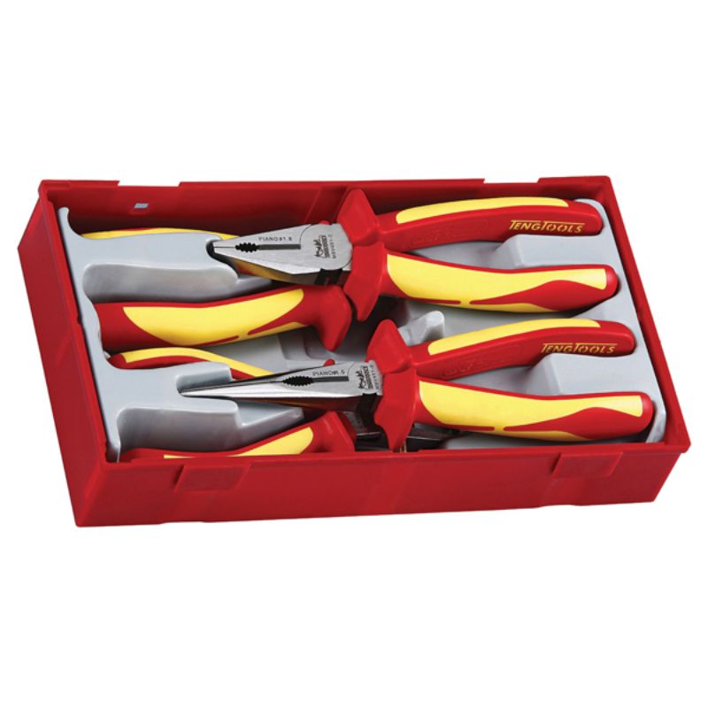 Insulated Teng 4pc MB 1000V VDE Plier Set in TC tray, featuring side cutters, combination pliers, long nose pliers, and wire strippers.