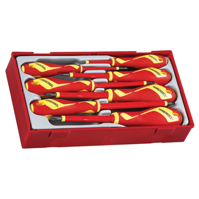 7-piece insulated screwdriver set for 1000V, includes slotted, Phillips, and Pozidriv heads in a TC tray for organization.