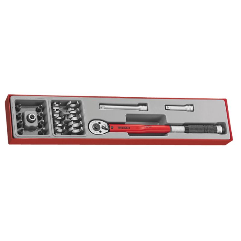 Teng 22pc torque wrench set with crow foot spanners, TX bits, and TTX tray for precision torque management and organization.