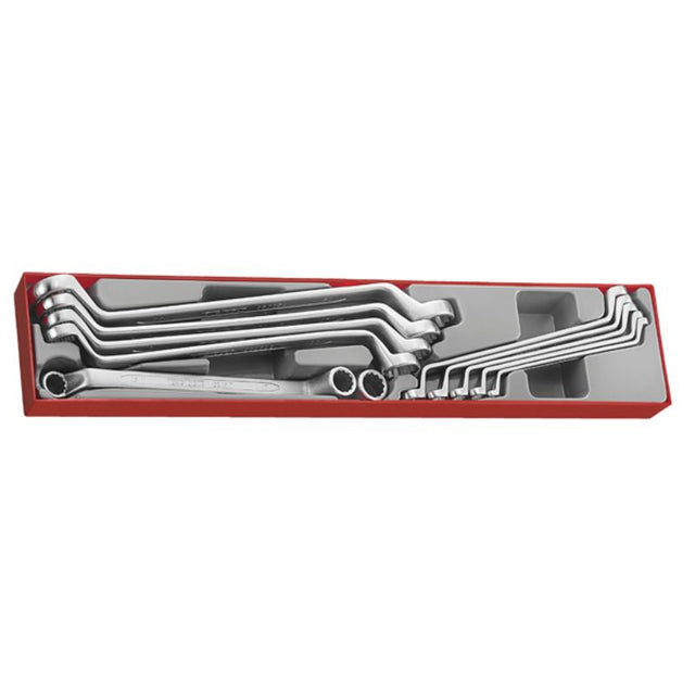 11-piece double ring spanner set in chrome vanadium steel, sizes 6-32mm, organized in a modular tray for easy storage.