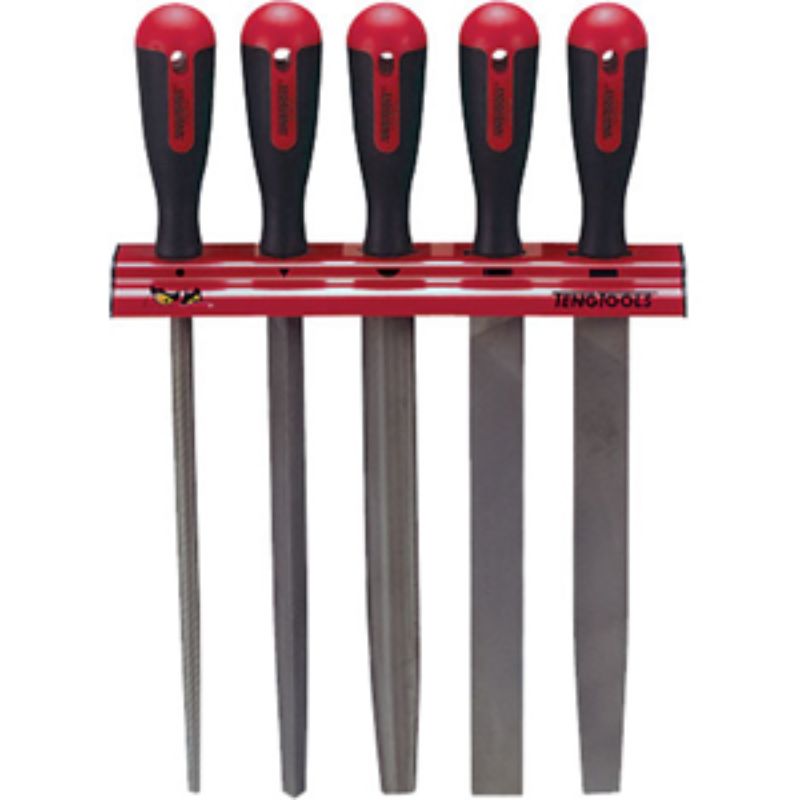 Teng 5pc 10in File Set with wall rack, includes flat, hand, half round, round, and square files for precise finishing.