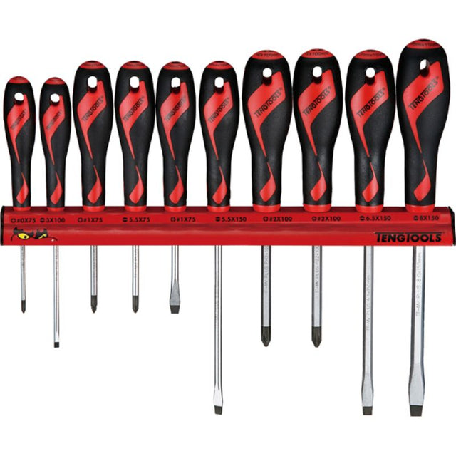 Teng 10pc MD Screwdriver Set with durable TT-MV PLUS steel and ergonomic handles, organized on a convenient wall rack.