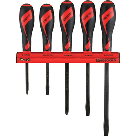 Teng 5pc MD Power Thru Screwdriver Set with wall rack, featuring durable TT-MV PLUS steel and ergonomic handles for maximum torque.