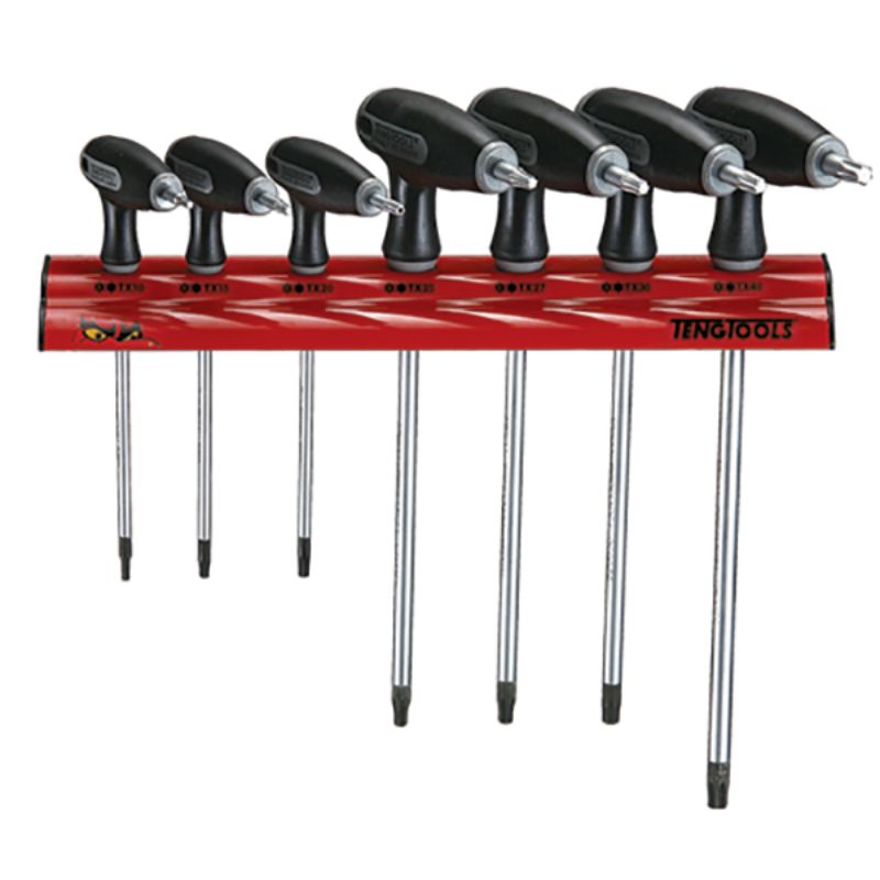 Teng 7pc T-handle set with wall rack, ideal for DIY and professional use, featuring ergonomic design for comfort and torque.