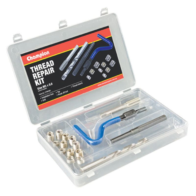 Champion 16pc M5 x 0.8 Thread Repair Kit with tap, drill bit, installation tool, and 12 thread inserts for precise repairs.