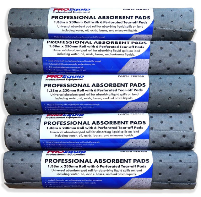 ProEquip Absorbent Clean-Up Sheets, 380mm x 230mm, grey pads absorb up to 2L for spills of oils, chemicals, and more.