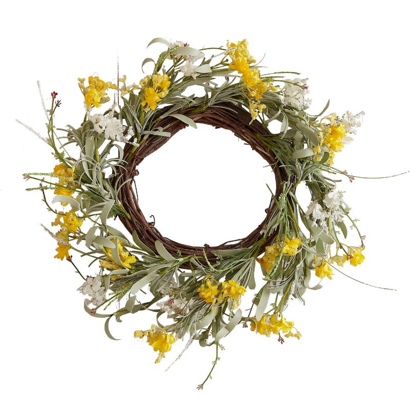 Vibrant yellow flower artificial Easter wreath, 40cm, perfect for Spring decor and year-round cheer.